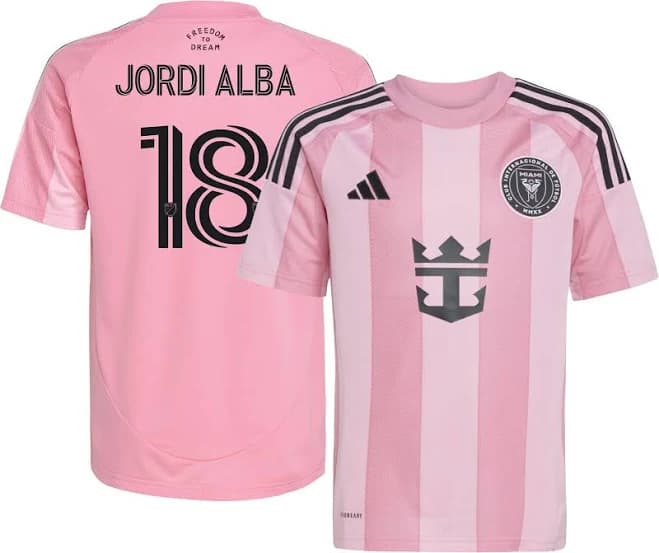 adidas Youth Inter Miami CF Jordi Alba #18 2025 Primary Replica Jersey, Small, Pink