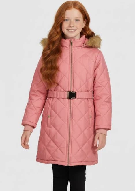 Girls Belted Faux Fur Trim Quilted Puffer Jacket, Mauve, Size 7-8 - Rainbow Shops