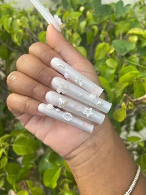 Blanc Gel Press on Set | White Junk Nails | UV Color Changing Charm Nails | Square 3XL Junk Nails | Iridescent White Shimmer Nails Long |