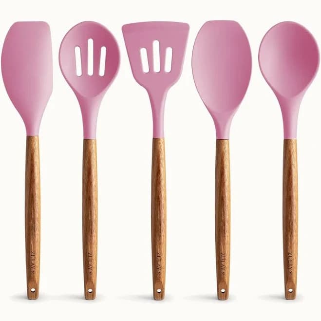 zulay kitchen 5 Piece Silicone Utensils Set with Authentic Acacia Wood Handles