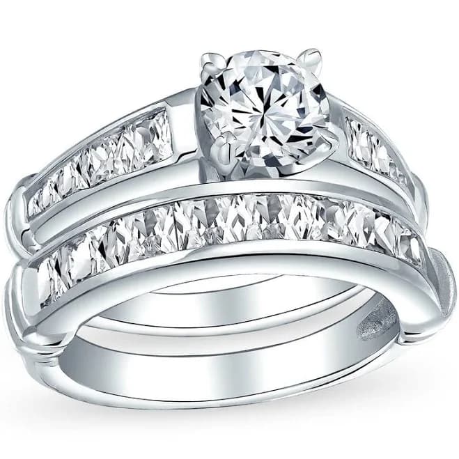 bling jewelry Classic Cocktail Statement Ring 2CT Cz Round Solitaire Pave Band Sterling Silver