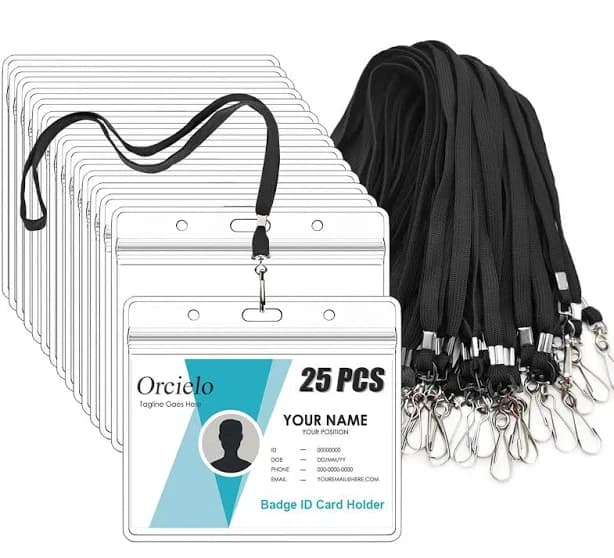 Orcielo 25pcs Clear Plastic Horizontal Name Tags Badge ID Card Holders and 25pcs Flat Neck Lanyards Black
