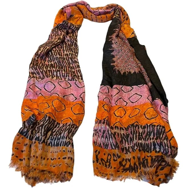 Silk Abstract Dyed Scarf Head Wrap Hijab Orange Black Pink 100%