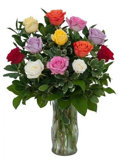 12 Mixed Colour Roses Deluxe