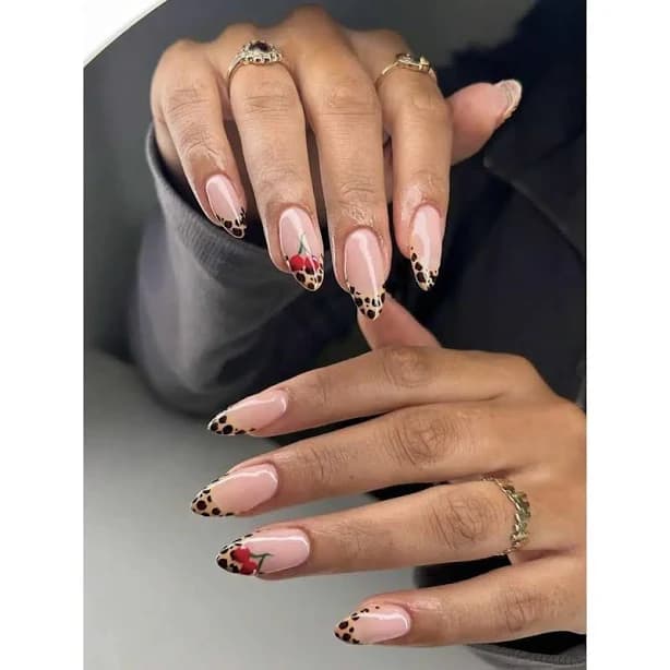 24pcs Medium-Length Almond Press-On Nails, Leopard Print French Edge & Cherry Embellishments, Winter Fashion Gift for Women & Girls