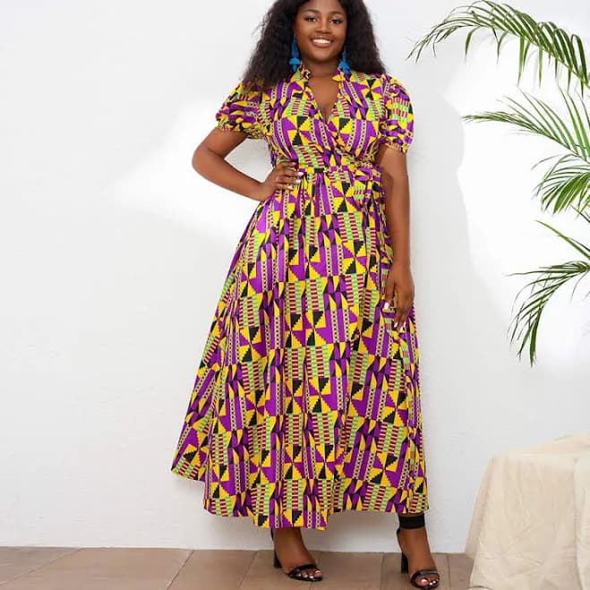 African Print Short Sleeve Wrap Long Dress