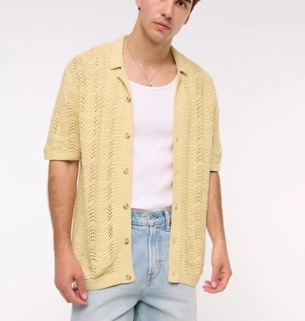 Abercrombie & Fitch Men's Wavy Crochet-Style Sweater Polo