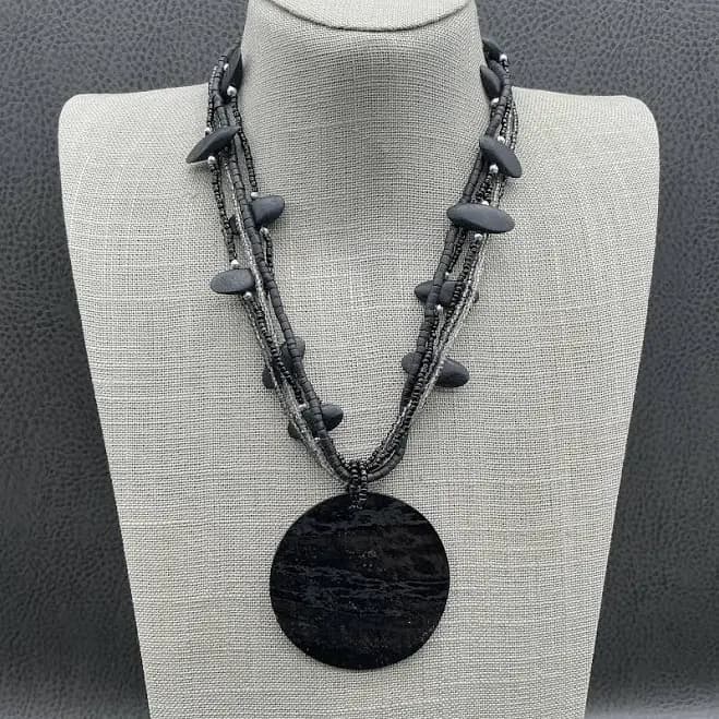 Coldwater Creek Black Multi Strand Beaded Necklace Large Disc Pendant