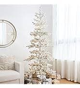 Amazon.com: Glitzhome Flocked Christmas Tree, 7ft Pre-Lit Artificial Christmas Tree with 400 Warm White Lights, Deluxe Xmas Serene Snowscape Fir Tree with 1015 PE Tips and Sturdy Metal Stand,Easy Set Up :