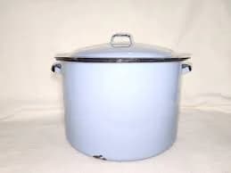 Vintage Large Enamelware Stock Pot w/ Lid Blue and Black Trim CHIPPED