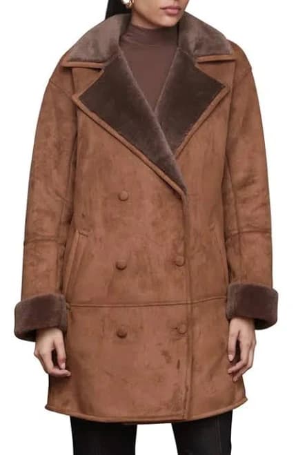 Double Breasted Faux Shearling Coat In Brown