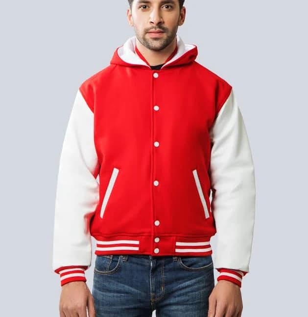 Wool and Leather Varsity Jacket with Hood