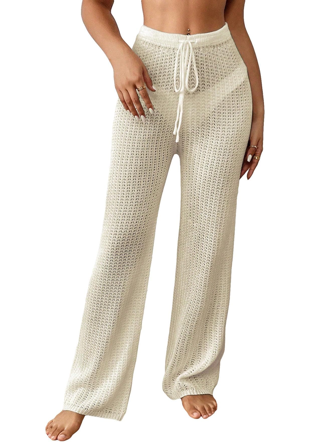 MakeMeChic Women's Crochet Beach Pant Drawstring Waist Bikini Swimsuits Sheer Mesh Cover Up Pants Apricot Small at Amazon Women's Clothing store