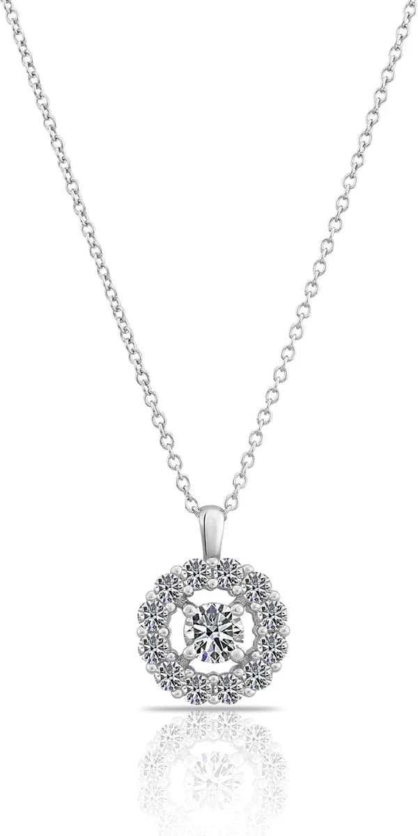 Sterling Silver CZ Round Solitaire Halo Charm Necklace, 18 inch