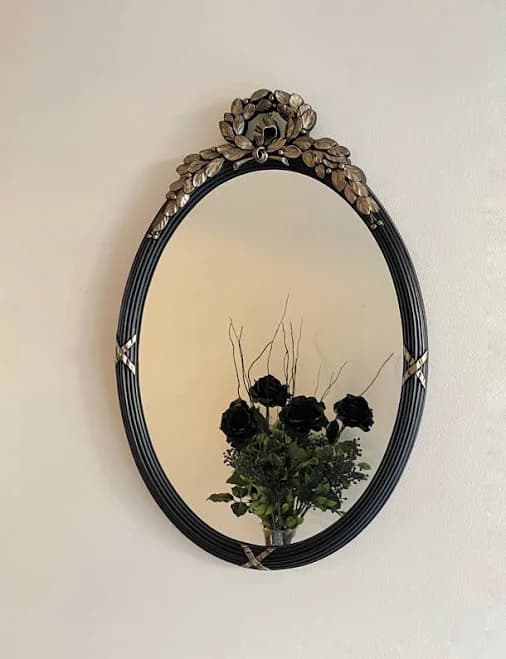 Victorian Gothic Oval Mirror | Black & Gold Frame with Bow | Ornate Vintage Wall Accent