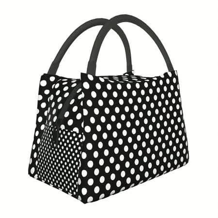 White Polka Dot Reusable Insulated Lunch Bag, Hand-washable Leak-proof Rectangular Polyester Cold-keeping Bag, Suitable for Work, Picnics, Beaches,