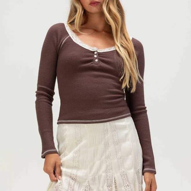 Rsq Women's Lace Trim Long Sleeve Henley Top