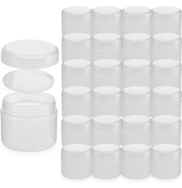 24 Pack White Translucent Cosmetic Plastic Jars w Lids n Sealing Discs Small Travel Size Sample Cream Container 1oz (30ml) or 0.7oz (20ml)
