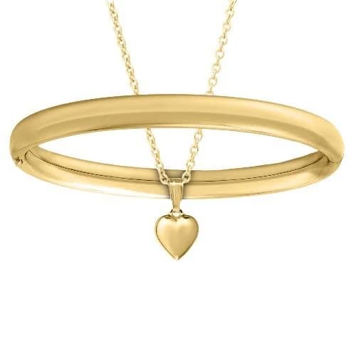14K Gold Filled Polished Baby Bangle Bracelet and Heart Necklace