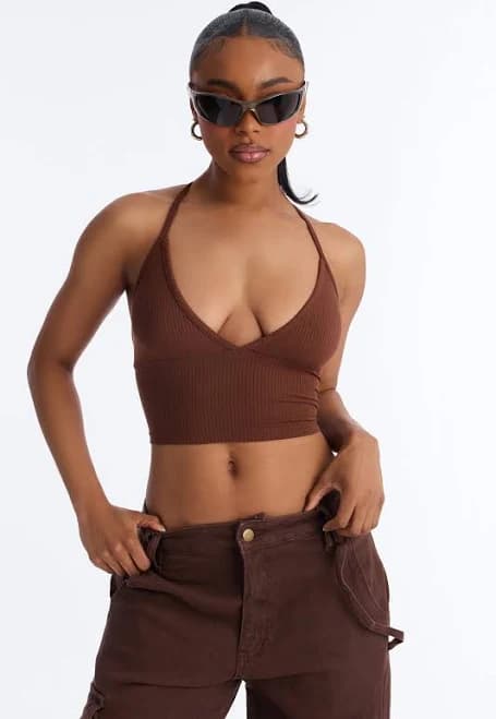 Fashion Nova Sleeveless Ribbed V-Neck Cropped Bodysuit