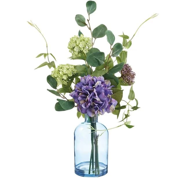 20" Hydrangea, Snowball & Sedum Silk Flower Arrangement w/Glass Vase -Purple/Green (Pack of 4)