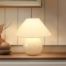 Brightech Fiona LED Off-White Cream Ceramic Midcentury Round Globe Bedside Nightstand Desk Lamp with Cream Cotton Empire Shade - Overstock - 43413222