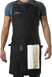 Chef and BBQ Apron with Bottle Opener and Hand Towel - 10oz Cotton Canvas, Stainless Steel Hardware - Cross Back Straps