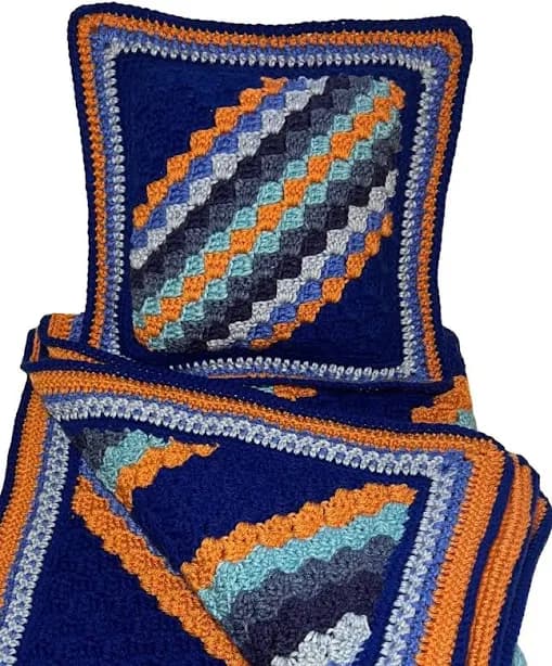 Hand Crocheted Blue/Orange Striped Baby Blanket/Toddler Throw 36 x 30 inches including a 10 x 10 pillow sham