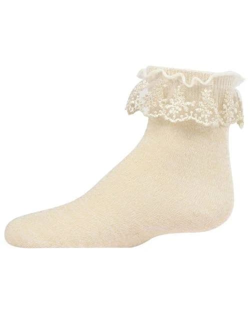 MeMoi Step and Shimmer Ruffle Anklet Socks in Winter White at Nordstrom, Size 3-6M