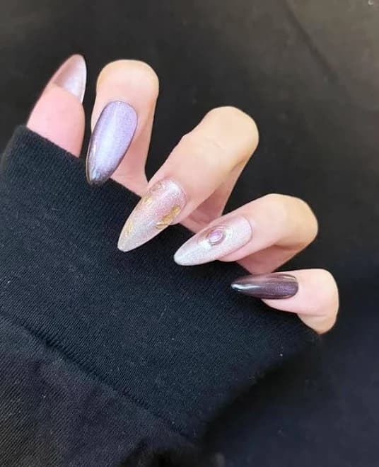 Y2K Pink Chrome Press On Nails - Purple Cat Eye Stiletto with Gold Foil
