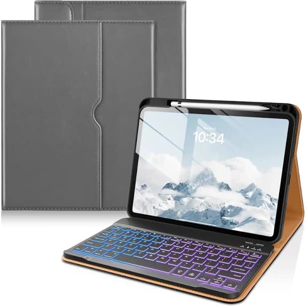 DTTO - Detachable Backlit Keyboard Case for iPad 11th/10th Gen (2025/2022) - Leather Cover w/ Pencil Holder & Pocket - Gray