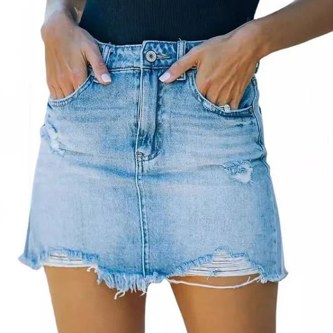 Women's High Waist Denim Mini Skirt Light Wash Ripped Frayed Hem Jeans Casual Jean Skirt with Pocket, Size: Large, Blue