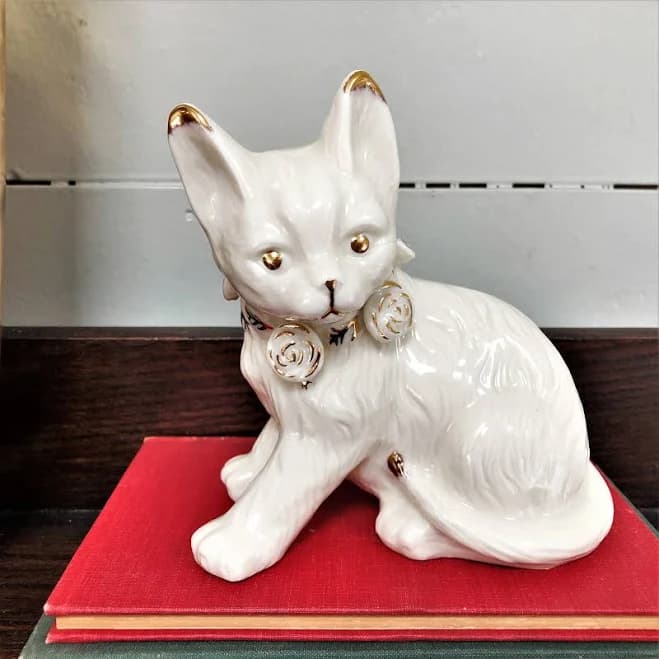 Vintage Porcelain Cat White Kitty with Gold Tip Ears, Tail and Gold Rose Bud Collar 5 inch Collectible Cat Figurine