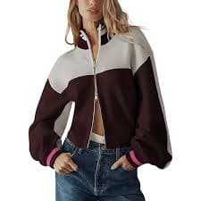 Women Tie Front Cardigan Sweater Color Block Cropped Oversized Sweaters Y2k Knit Open Front Cardigans Knitwear, Black, Small at Amazon Women's Clothing store
