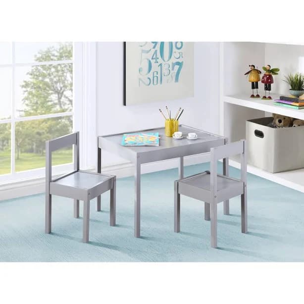 della 3-Piece Solid Wood Kids Table & Two Chair Set, White - Gray