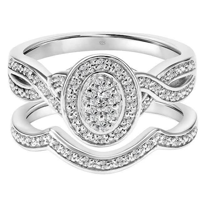 Love Always Sterling Silver 1/4 Carat Oval Diamond Halo Engagement Ring Set