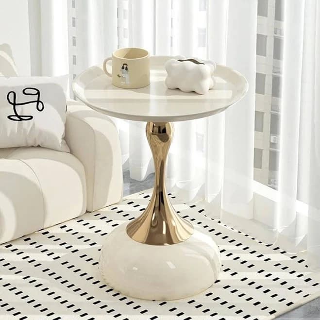 Round Side Table with Gold Base and Black Metal Top for Living Room
