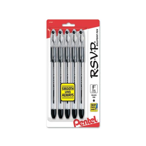 Pentel R.S.V.P. Ballpoint Pens Fine Point Black Ink 5 Pack