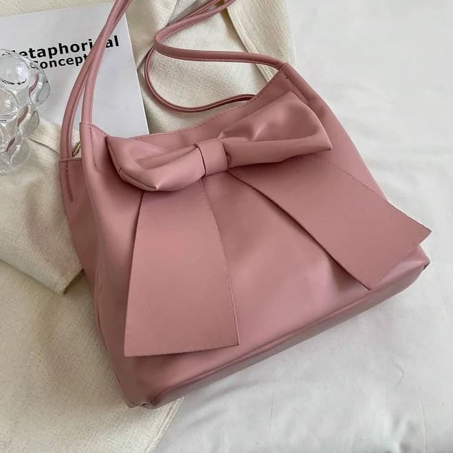 Fashion Women's Elegant Bow Decor PU Leather Large Capacity Shoulder Bag, Lightweight Handbag , Pink,