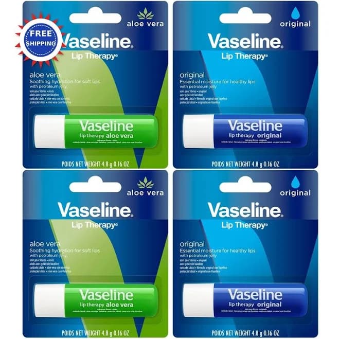 Vaseline Lip Therapy Variety 4 Pack Original + Aloe Vera Moisturizing