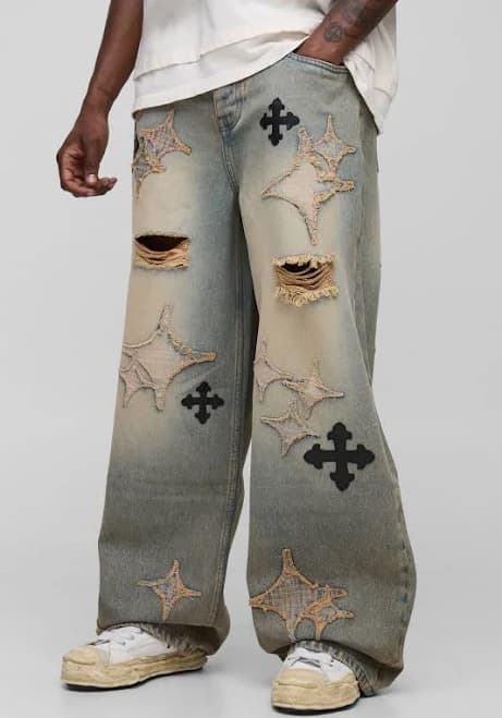 boohooMAN Men's Tall Distressed Applique Baggy Fit Jeans