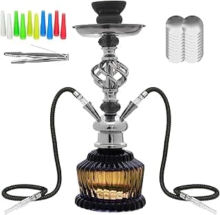 Hookah Set with Everything 15'' Shisha Hookah Complete Set - Glass Vase, Leather Hose, Foils, Hookah Tips, Ceramic Bowl, Coal Tong (Black)