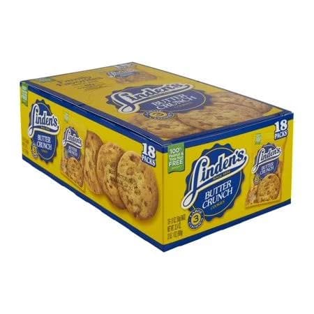 Linden Butter Crunch Cookies 18 Packs Large 3-Cookie Packs Peanut & Tree-Nut Free Soft & Crispy Sweet Snack Lunchbox / Office / Vending Bulk BOX, Size