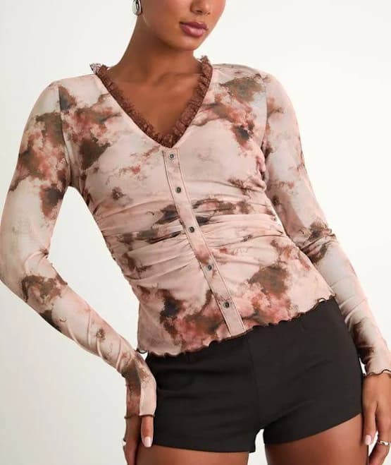 Lulus Abstract Mesh Ruffled Long Sleeve Top