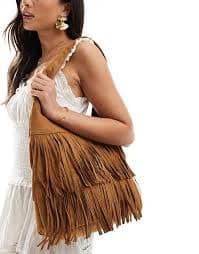 Glamorous fringed faux suede shoulder bag in tan | ASOS