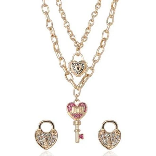 Juicy Couture Women's Key Charm Layered Necklace and Lock Earring Set