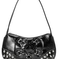 Gothic Patent Leather Shoulder Handbag with Silver Hardware and Studded Accents