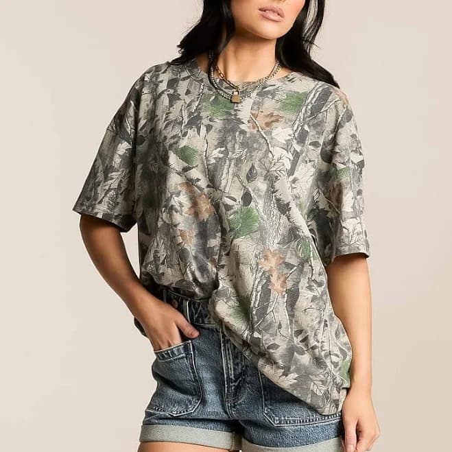 Gilded Intent Women's Oversized Cotton Camo Print T-Shirt with Buckle