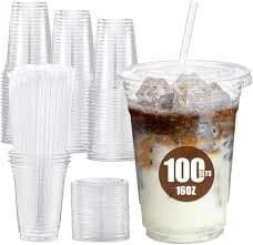 Plastic Iced Coffee Cups with Lids and Straws [100 Sets - 16oz] Disposable Clear Crystal Plastic Cups with Lids BPA Free Small To Go Cold Cup for Cold