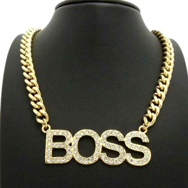 Women's Fashion 14k Gold Plated Cz Boss Pendant W/ 8mm 16" Link Chain